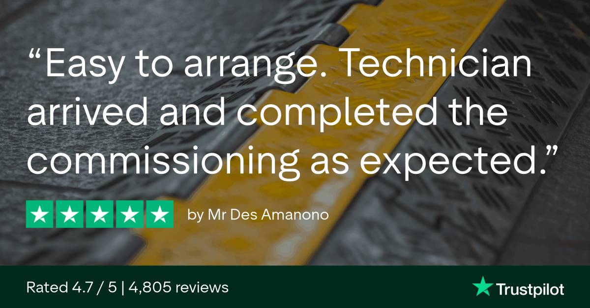 Customer testimonial from Des, it reads: easy to arrange. Technician arrived and completed the commissioning as expected