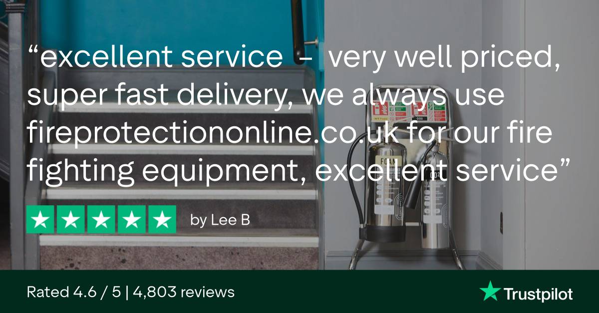 Customer testimonial reads: excellent service - very well priced, super fast delivery, we always use fireprotectiononline.co.uk for our fire fighting equipment, excellent service