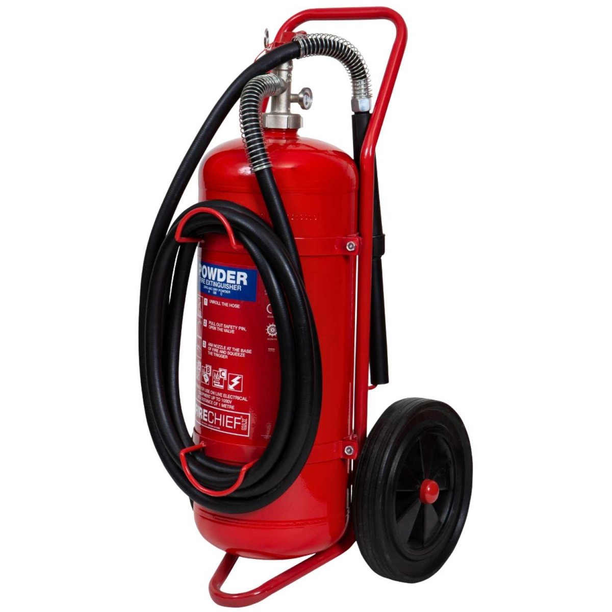 25kg Wheeled Powder Fire Extinguisher with blue colour code band
