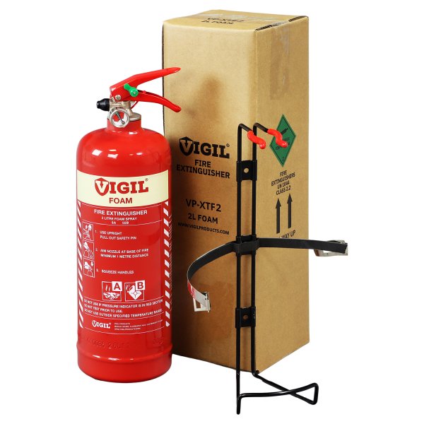 2 litre Foam Fire Extinguisher next to box and stand