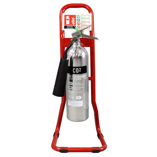 Red Fire Extinguisher Stand in use with chrome CO2 extinguisher