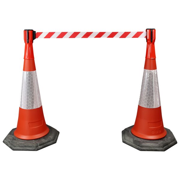 Cone-Mounted Retractable Barrier – 3-metre in use on two traffic cones