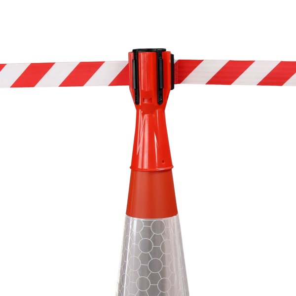 Cone-Mounted Retractable Barrier – 3-metre close up of the barrier on a traffic cone