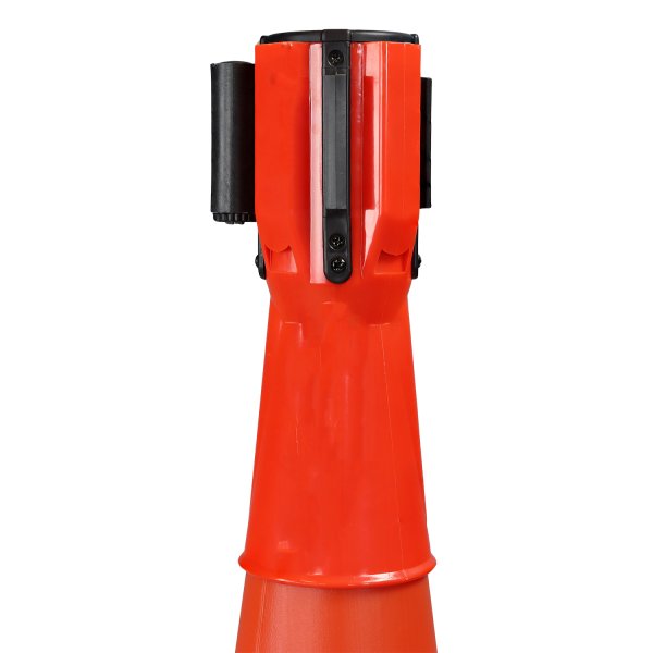 Cone-Mounted Retractable Barrier – 3-metre close up of the barrier with retracted tape